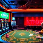 KTPJITU players celebrating big wins at a luxurious online casino, with slot machines and poker tables.