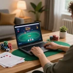 Iwin user enjoying an online poker game on laptop surrounded by chips and notes.
