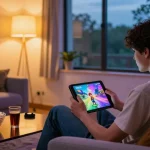Enjoying an android hentai game in a cozy living room setting