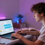 User engaged in NSFW AI chat interaction, showcasing colorful bedroom with playful elements.