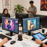 Engaging NSFW AI image generation workshop with diverse creators collaborating on custom art projects.