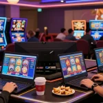 Players exploring new uk casino sites on laptops and mobile devices in a vibrant gaming atmosphere.
