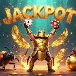 Slot premium rupiahtoto dengan pemenang beruang, chip poker, dan cahaya berkilau