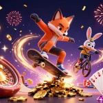 Experience thrilling iwin gameplay with our vibrant and dynamic casino-themed illustration featuring a skateboarder fox and BMX rabbit.