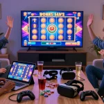 Players enjoying bonus buy slots in a lively living room with snacks and gaming tech.