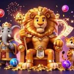Join the fun at shbet as a regal lion king presides over a vibrant casino scene filled with exciting game elements.