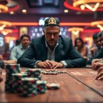 situs toto memperlihatkan pemain poker di meja dengan cahaya dramatis dan suasana kasino yang hidup.
